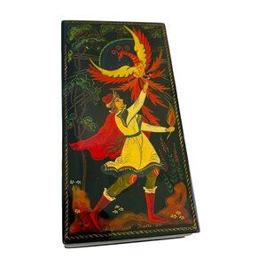 Hand-Painted Russian Lacquer Box With Fairy Tale Scene‎ Hinged Lid 6" x 3"